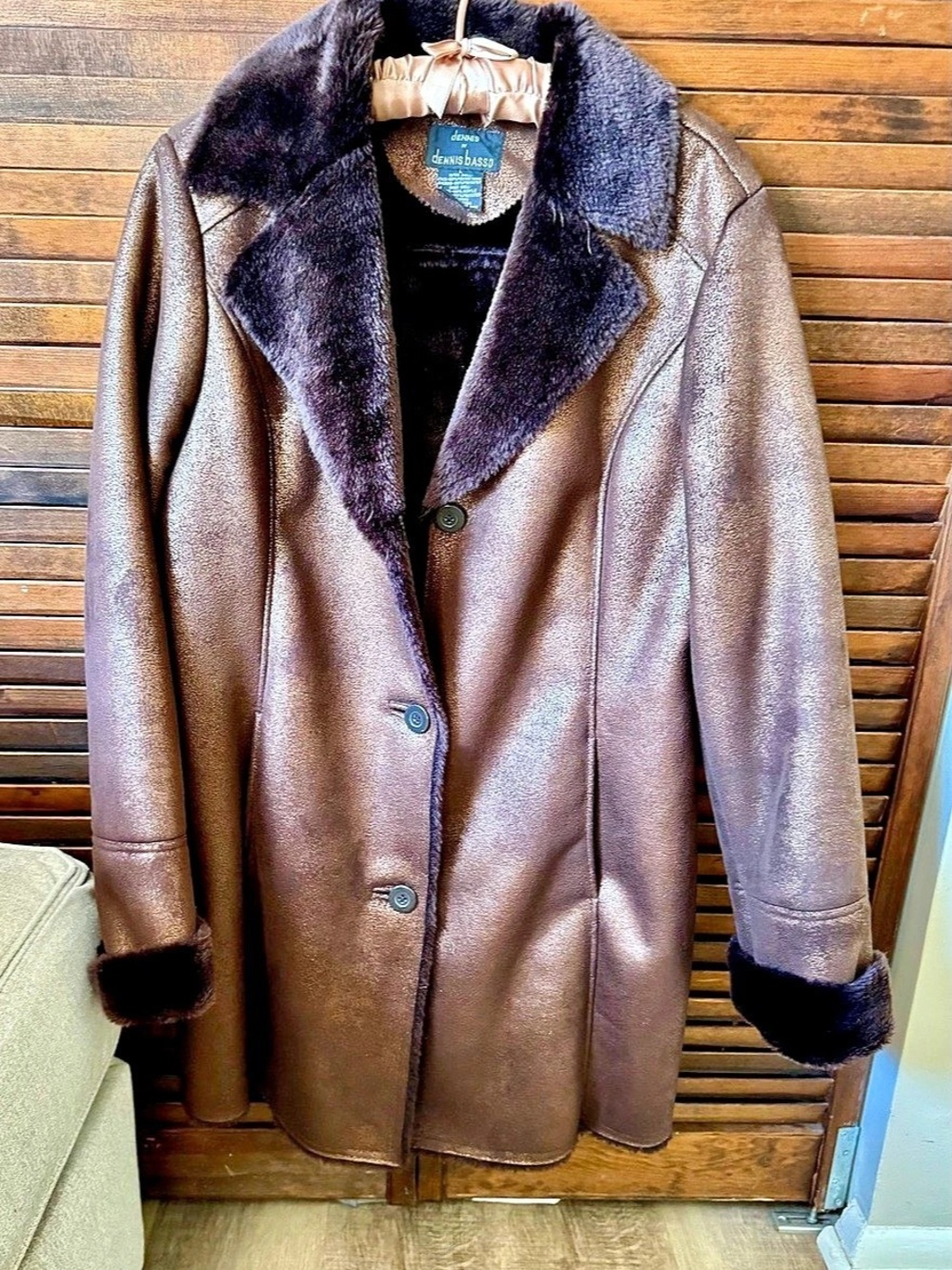 Dennis Basso Faux Shearling Coat Brown Size Large